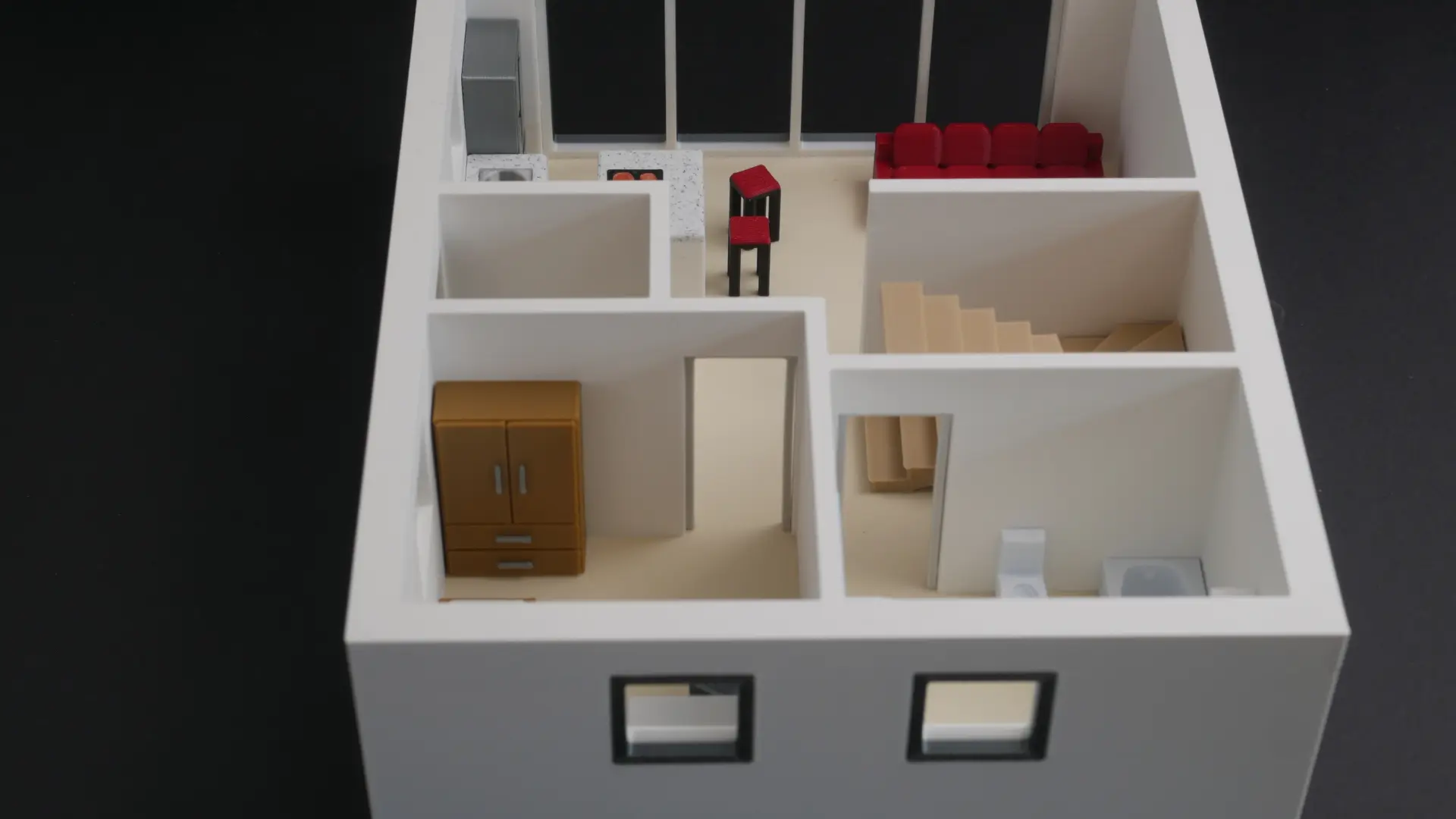 Detailansicht eines 3D-gedruckten Grundrissmodells mit Hauswirtschaftsraum und Ankleide