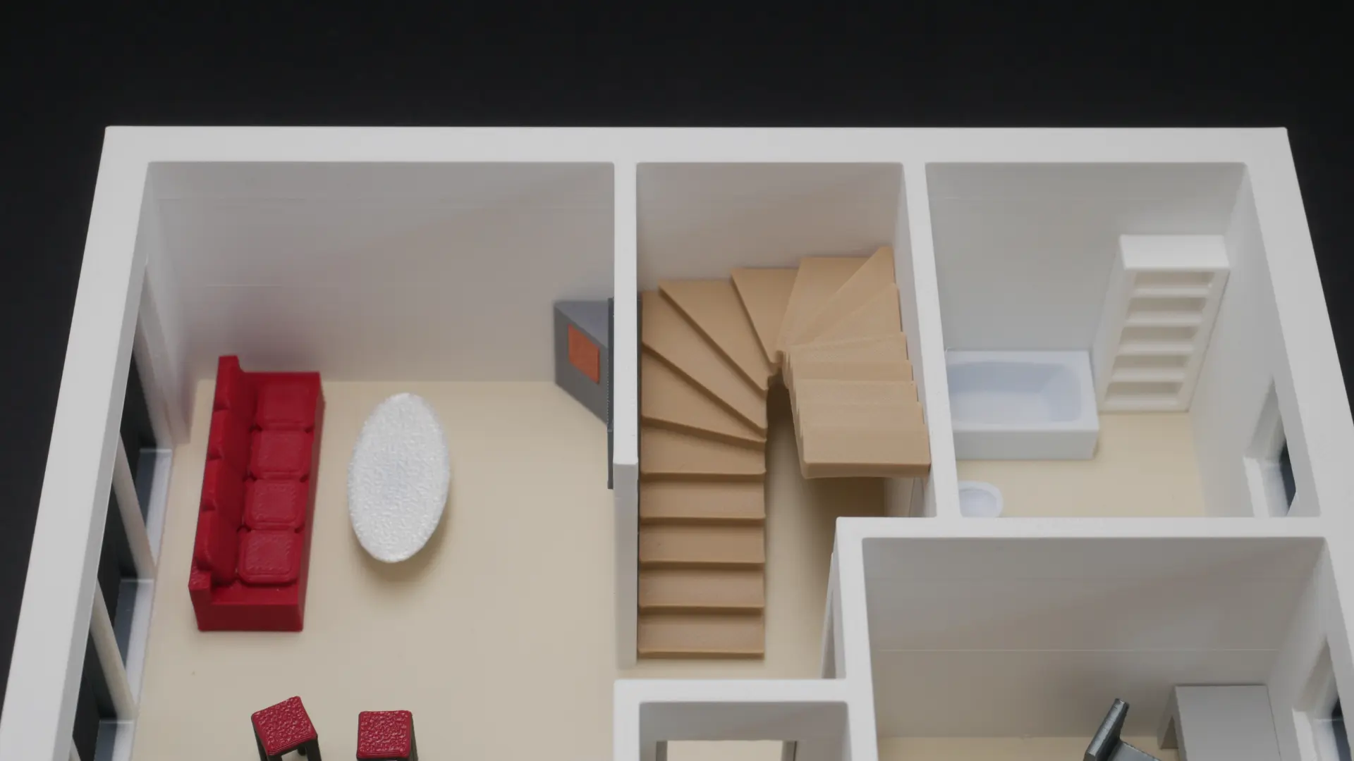 Wohnbereich und Bad im 3D-Modell aus der Aufsicht