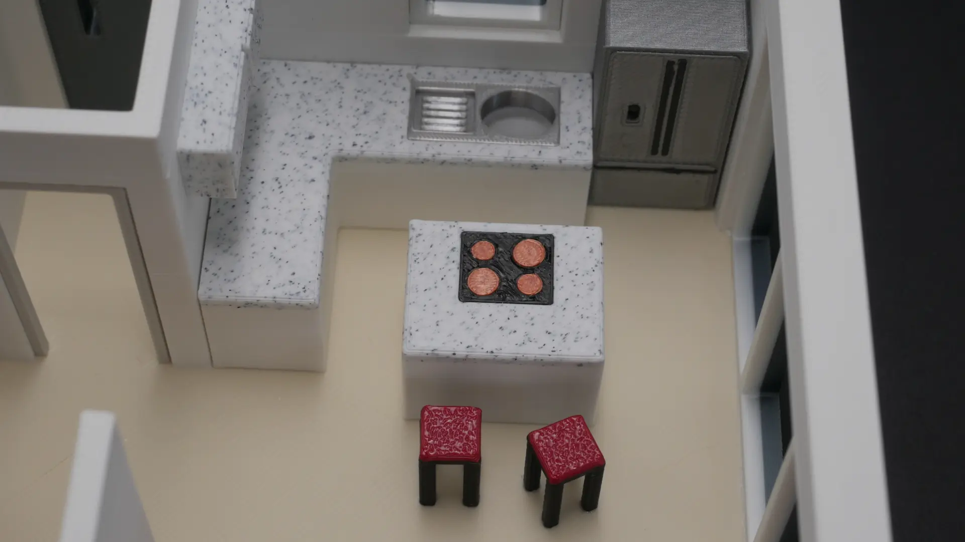 Detailaufnahme der K&uuml;chenzeile im 3D-Modell mit Kochfeld und Sp&uuml;le