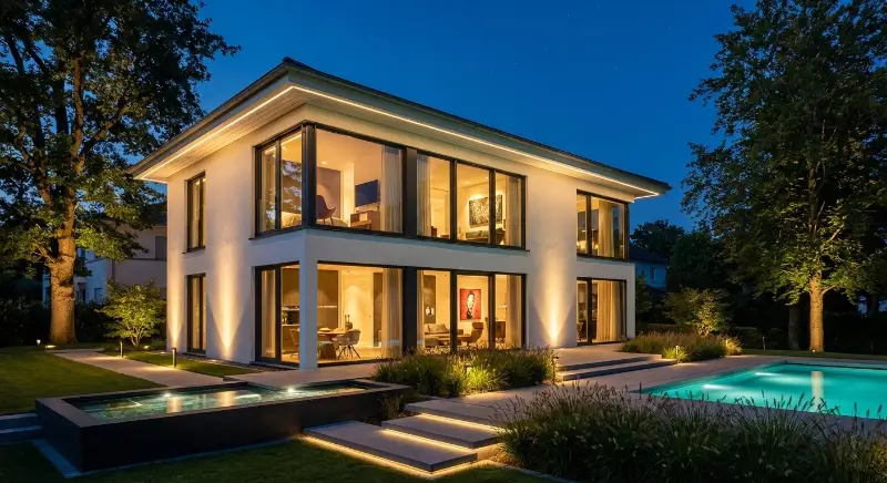 Two-storey city villa with gable roof, light grey render and generous glass fronts in an evening garden