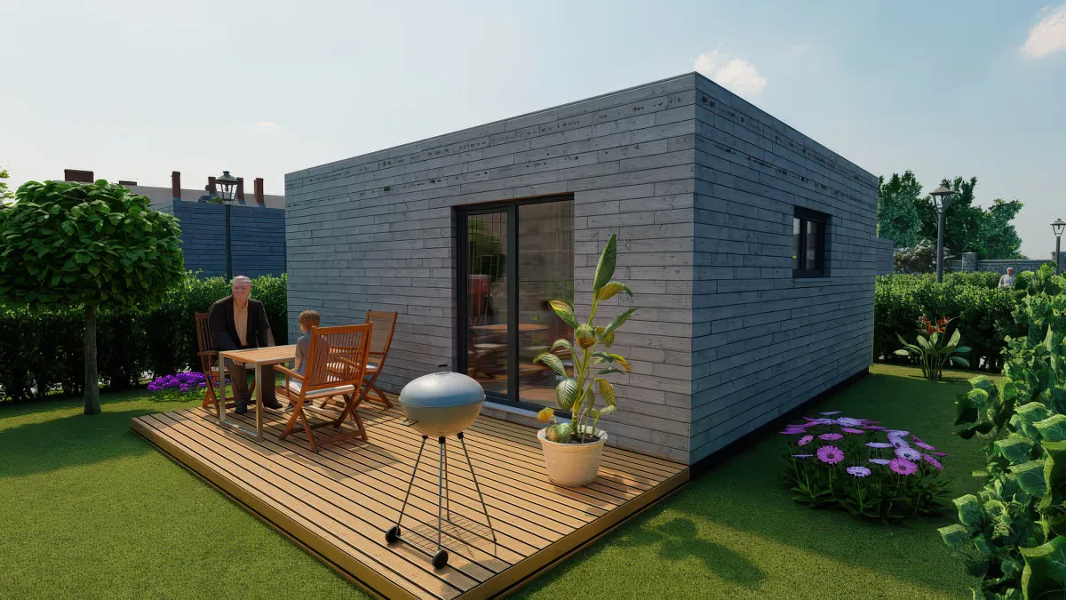 Kompakt-Tiny mit Familie auf Holzterrasse