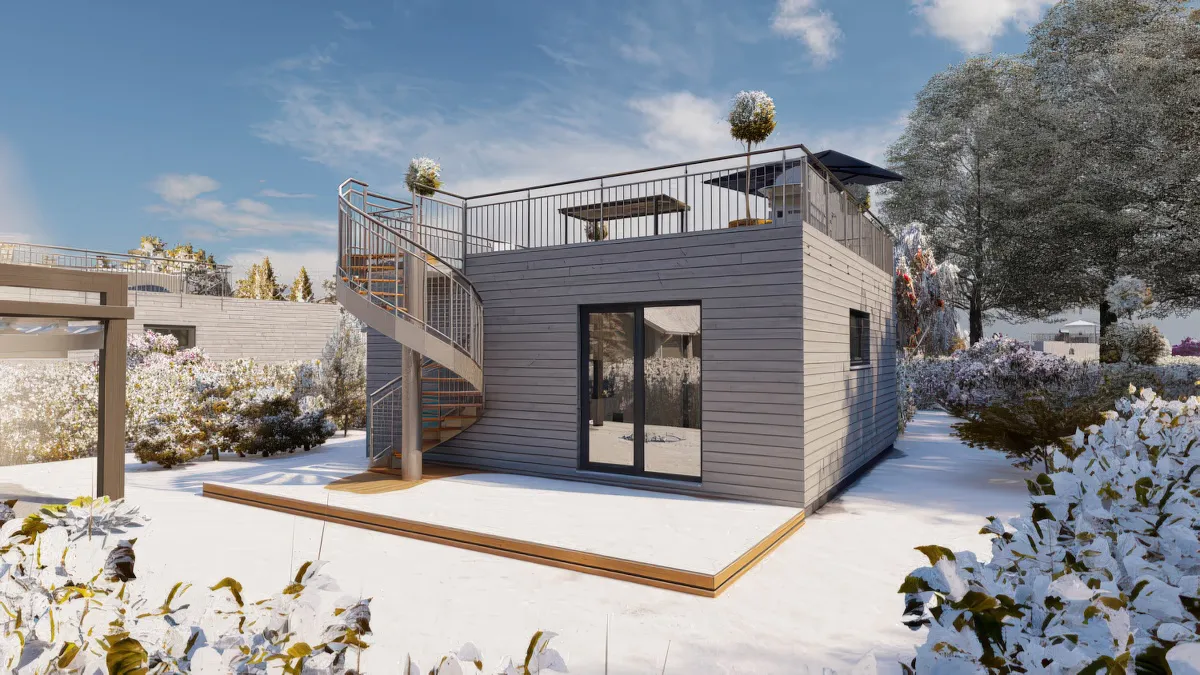 Kompakt-Tiny mit Dachterrasse im Winter