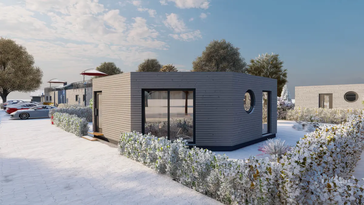 Oktagon-Tiny im Winter, seitliche Ansicht