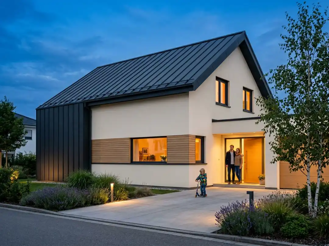 Modern gable roof house at dusk with wood cladding and large panorama window, warmly lit living room