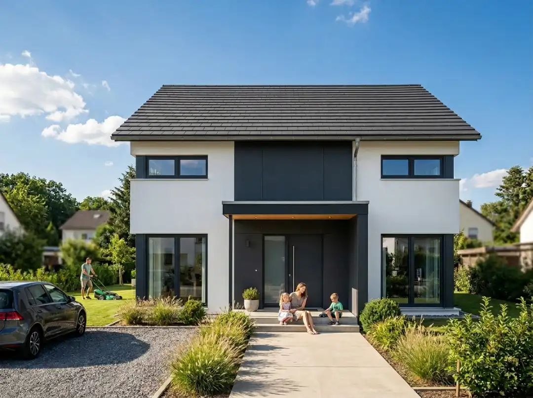 Two-storey gable roof house with white render and anthracite cladding, family on the entrance steps