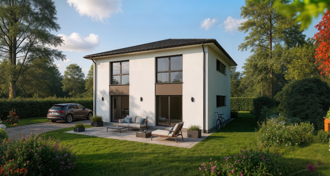 Zweigeschossiges Fertighaus mit Walmdach, weißer Putzfassade und Terrasse