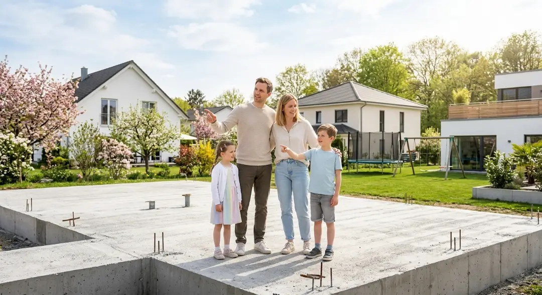 Familie auf Bodenplatte