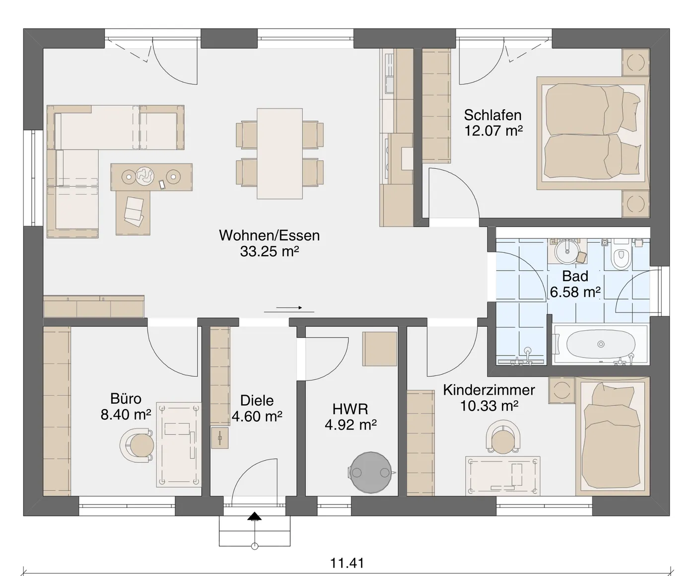 Grundriss Bungalow Solis 80 Erdgeschoss mit Wohnen/Essen 33 m², Schlafen, Kinderzimmer, Büro, Bad und HWR