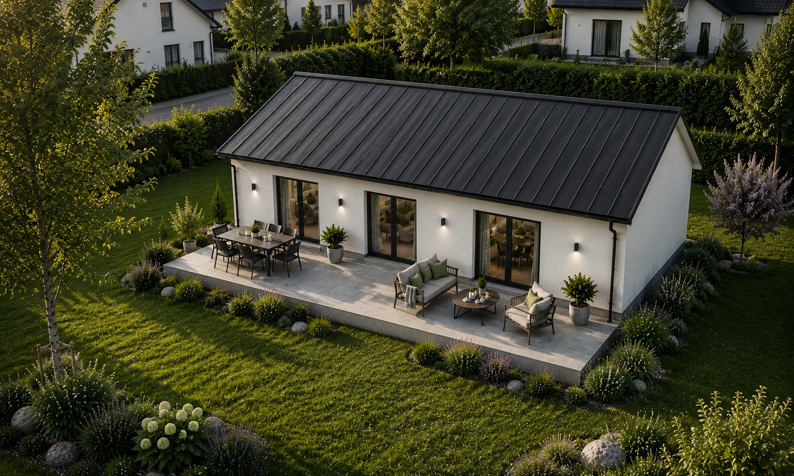 Bungalow Solis 80 aus der Vogelperspektive mit Terrasse und Garten
