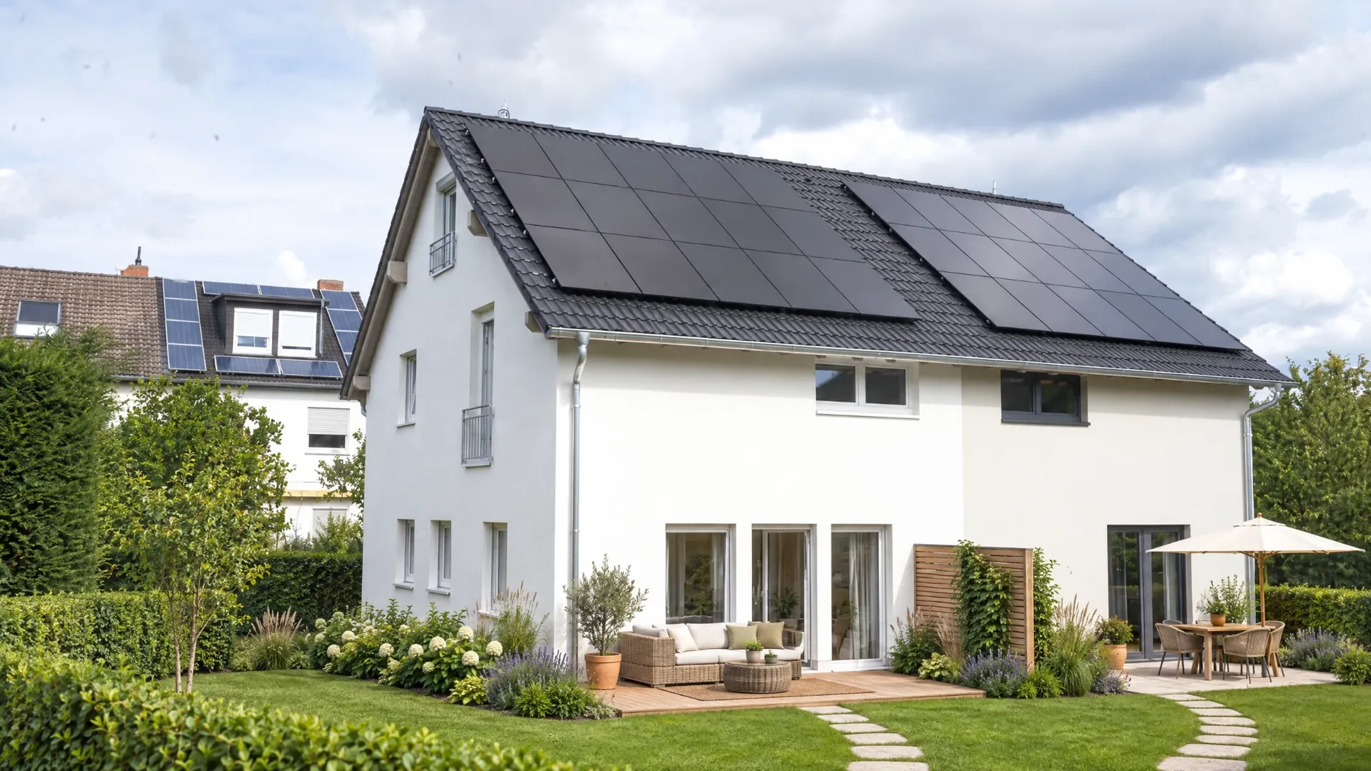 Doppelhaus Gemina 120 Gartenseite mit Lounge und Essplatz
