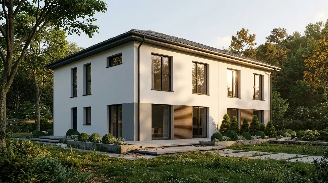 DHH Komfort, Doppelhaus mit Walmdach, Außenansicht