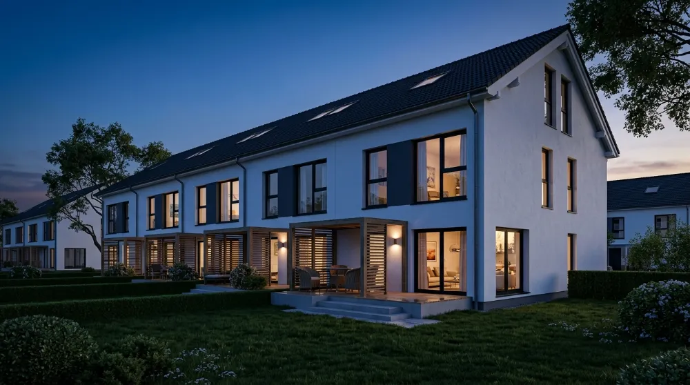 RH Galerie, Reihenhauszeile Gartenseite zur blauen Stunde
