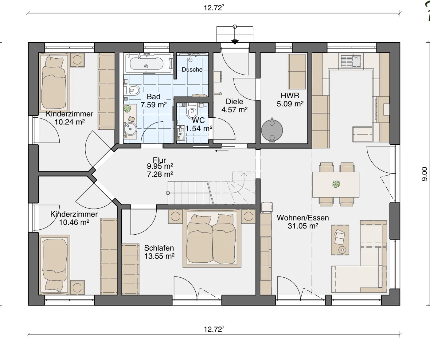 Grundriss Einfamilienhaus Alta 114 Erdgeschoss mit Wohnen/Essen 31 m², drei Schlafzimmern, Bad, WC und HWR
