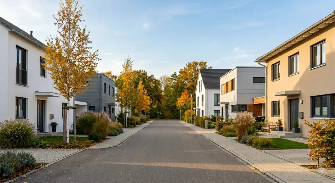 Moderne Fertighausstraße mit verschiedenen Haustypen