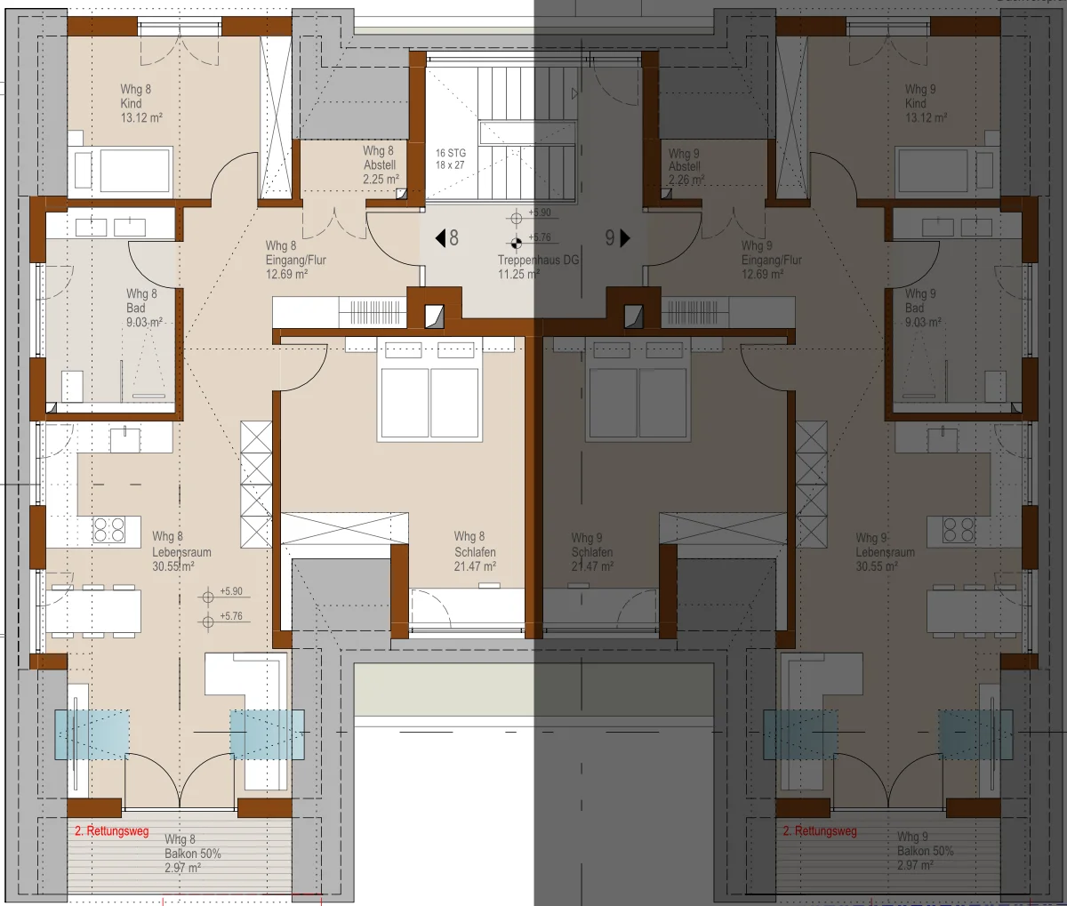 Grundriss Dachgeschoss – Wohnung Nr. 9, links