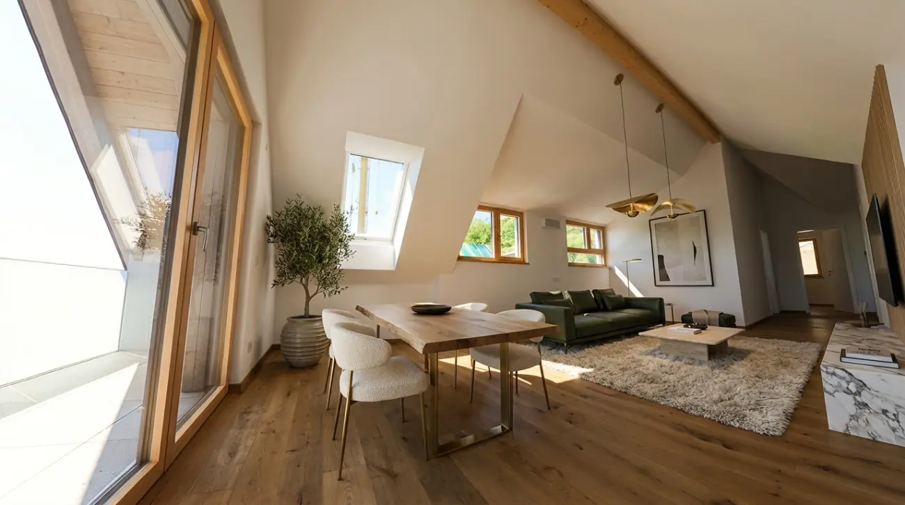 Mehrfamilienhaus-Fertighaus Opfingen — Dachgeschosswohnung mit sichtbaren Holzbalken