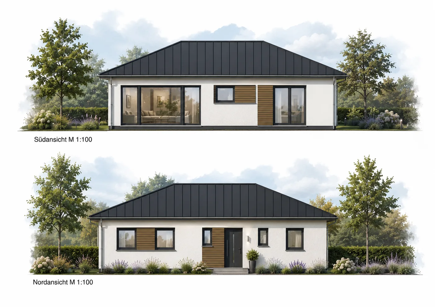 Walmdach-Bungalow Quadra 127 Ansichten Süd und Nord
