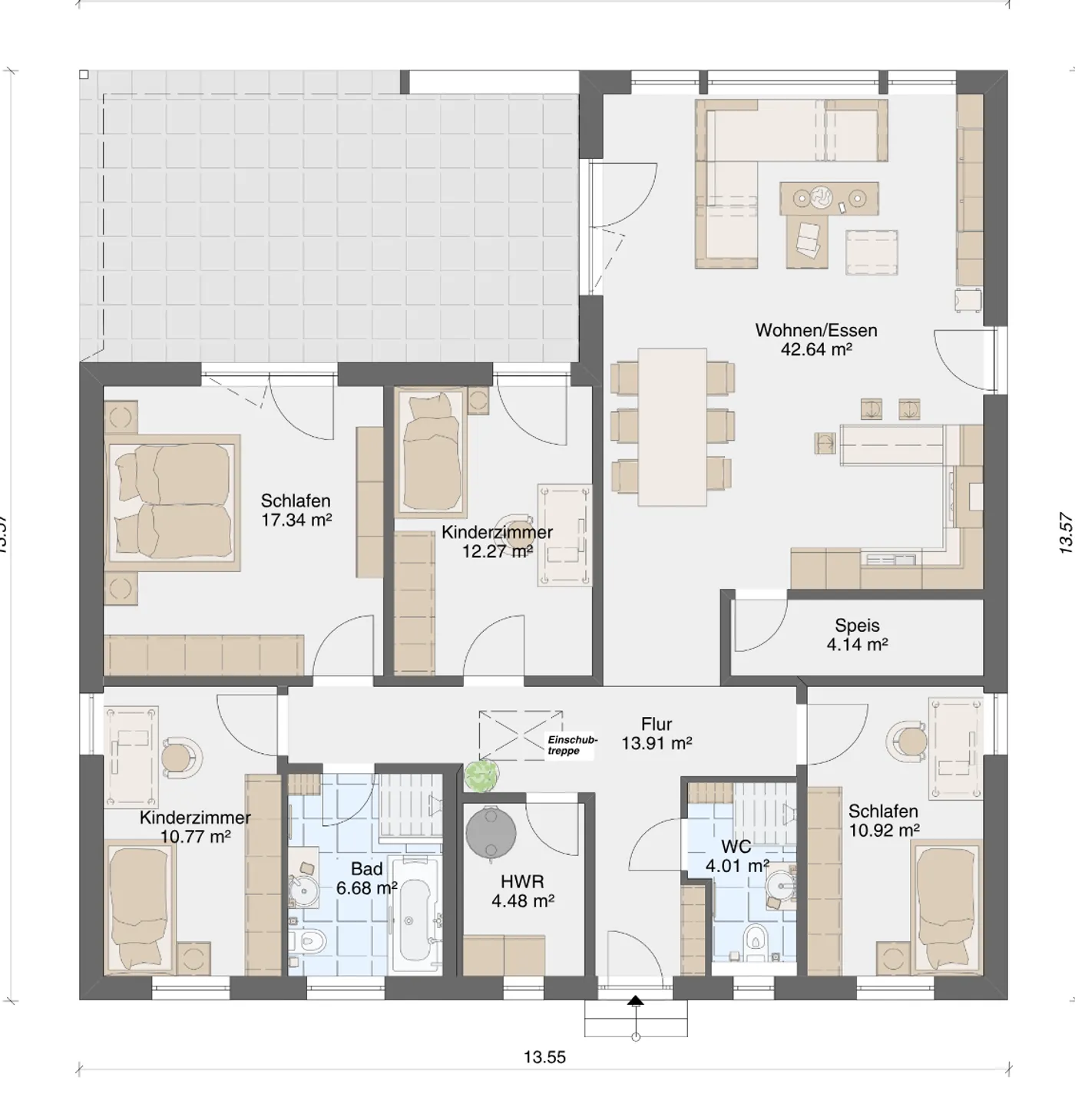 Grundriss Walmdach-Bungalow Quadra 127 Erdgeschoss mit Wohnen/Essen 43 m², vier Schlafzimmern, Bad, WC, Speis und HWR