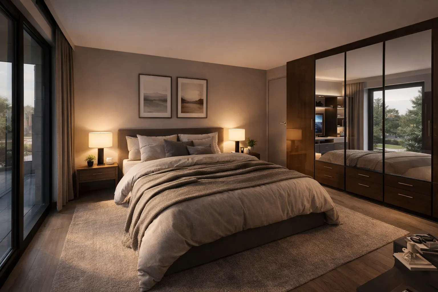 Quadra 127 Schlafzimmer mit Schrankwand und Fenstertür