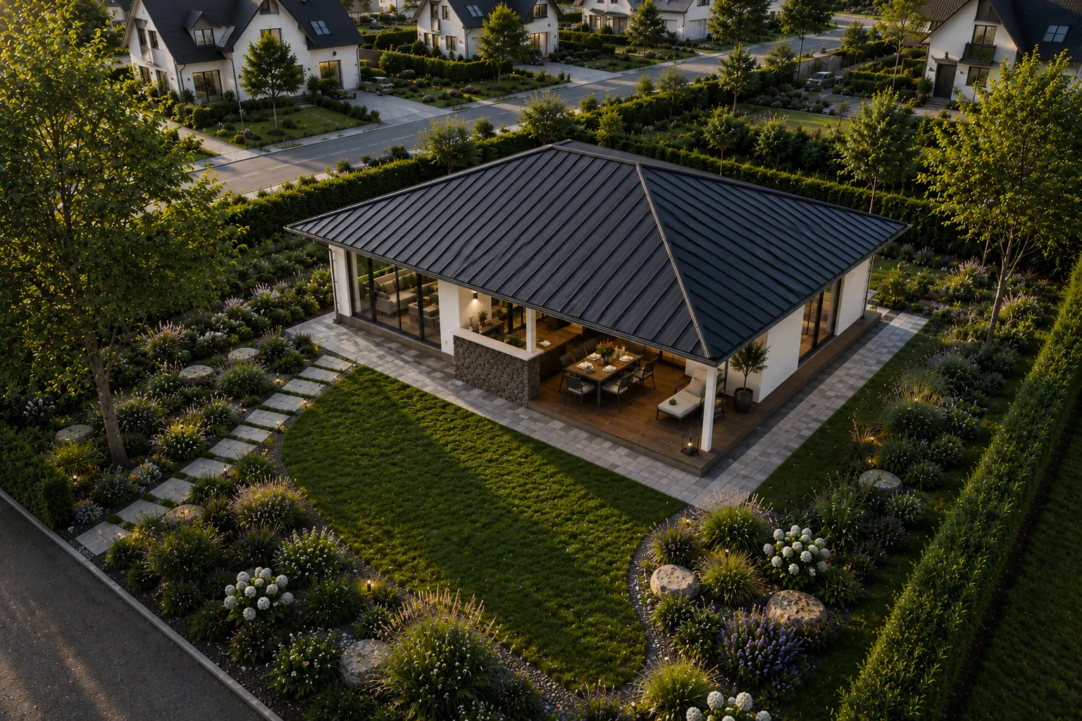 Walmdach-Bungalow Quadra 127 aus der Vogelperspektive mit Garten